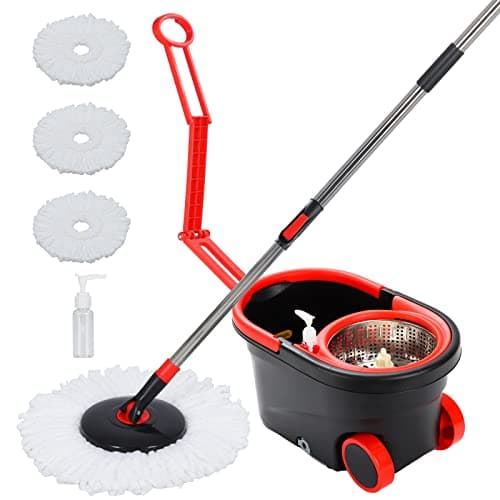 Spin Mop and Bucket, Mop Set with Bucket On Wheels with 3 Microfiber Mop Refills, Stainless Steel 61" Extended Handle Mop and Bucket with Wringer Set for Floor Cleaning