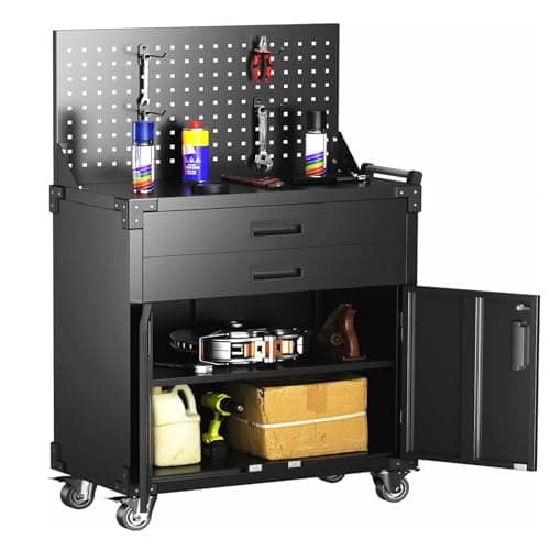 NICOMOW Metal Storage Cabinet with 2 Drawers&2 Doors and 1 Adjustable Shelves,31.5" H Top Workbench Mobile Tool Chests Garage Cabinets with 4 Wheels,Lockable Tool Cabinets for Home,Garage,Shop
