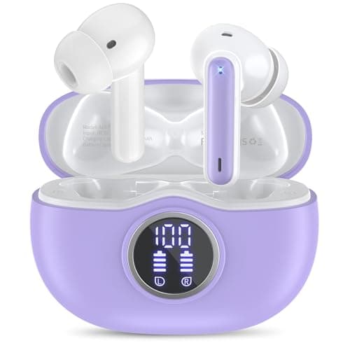 Wireless Earbuds Bluetooth 5.3 Headphones 40 Hrs Playtime with LED Display, Deep Bass Stereo and Noise Cancelling Bluetooth Ear Buds IP7 Waterproof Wireless Earphones for iPhone Android, Glossy Purple
