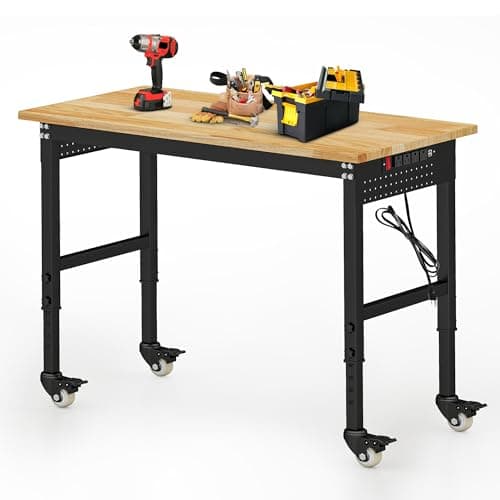 Betterhood 48" Adjustable Workbench on Wheels, Rubber Wood Heavy Duty Workstation with Power Outlets&2 Pegboards, 2000 Load Capacity Hardwood Worktable for Workshop, Garage, Office, Home, Commercial