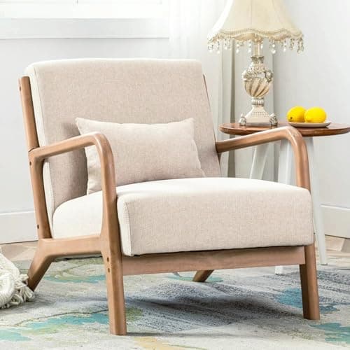 ANJ Mid Century Modern Accent Chair, Comfy Fabric Living Room Chairs with Solid Wood Frame, Lounge Reading Armchair, Easy Assembly, Beige