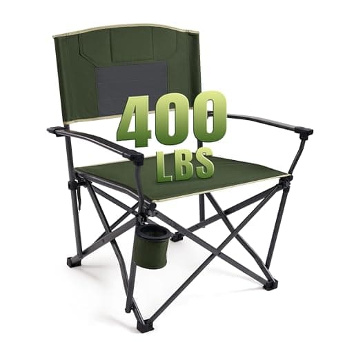 Oversized Folding Camping Chairs for Adults Heavy Duty Camp Chair Support 400 LBS Steel Frame Metal Arm Lawn Chairs with Swivel Cup Holder & Hollow Backrest Extra Large Outdoor Chairs Green
