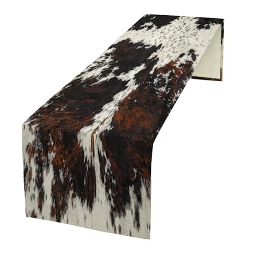 Cow Skin Print Table Runner, Cotton Linen Rustic Cottage Country Farm Animal Fur Skin Pattern Western Style Black Brown Cowhide Print Dinner Runner for Home Kitchen Dining Table Decoration 13"x36"