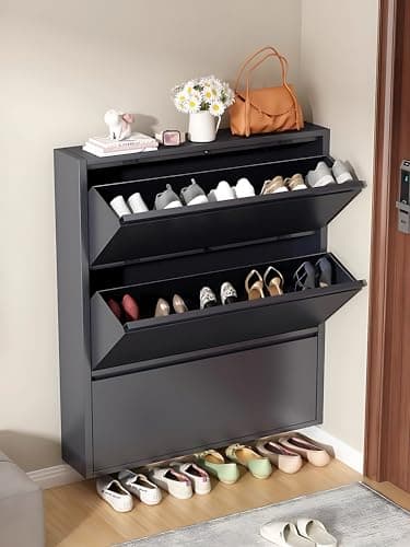 Metal Narrow Shoe Cabinet Storage for Entryway,Fully Assembled Slim Thin Shoe Cabinet with 3 Flip Drawers,Hidden Shoe Rack Organizer for Living Room,Garage,Hallway,Bedroom,Black