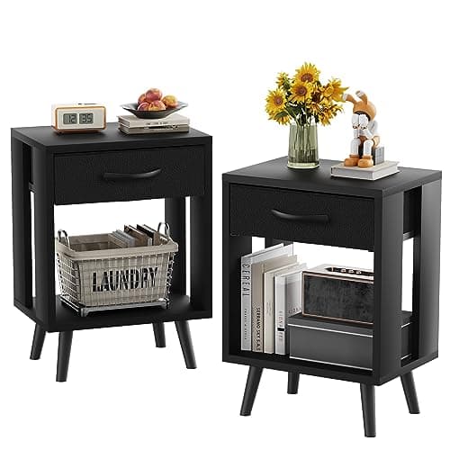GYIIYUO Nightstands Set of 2 with Fabric Storage Drawer and Open Wood Shelf, Side Table with Storage for Bedroom, Night Stand with Drawer for Bedroom, Bedside Tables - Black 24" H