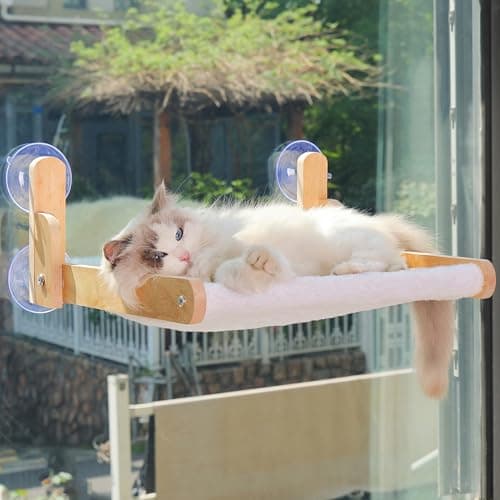 Cat Window Perch with Wooden Frame – Aloxina Foldable Cat Hammock Bed for Indoor Cats, Soft Rabbit Fur Cover, Washable, Strong Suction Cups, No Drilling, Supports Large Cats