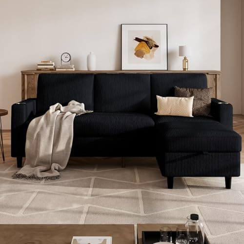 POYISOU Convertible Sectional Couches for Living Room, Modern Corduroy Couch Small Sofas for Small Space Apartment Office, 3 Seats L Shaped Sofa with Storage Ottoman and 2 Cup Holders, Black