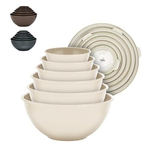 Bakken Master 12 Piece Plastic Nesting Bowls with Lids - Mixing Bowls Set includes 6 Prep Bowls and 6 Lids, BPA-Free, Reusable Meal Prep Containers, Microwave, Freezer & Dishwasher Safe, White Cream