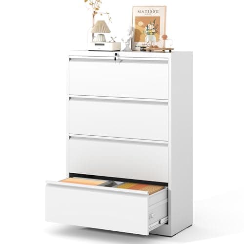 EKJ 4 Drawer Lateral File Cabinet with Lock, Metal Lateral Filing Cabinet for Home Office, Steel Wide Horizontal Filing Cabinets for Letter/Legal/A4/F4 Hanging Files (White)