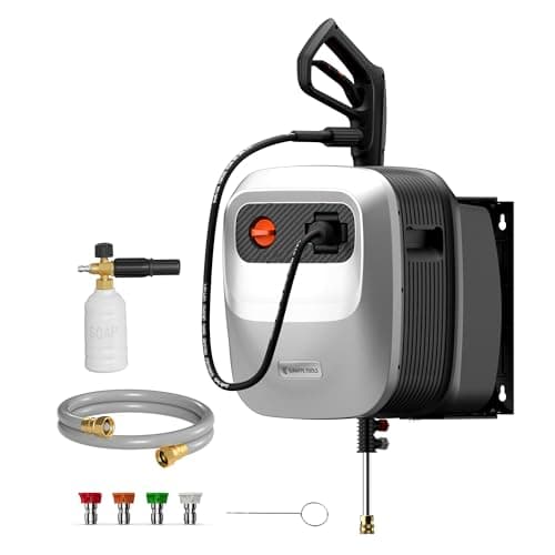 Giraffe Tools Grandfalls Pressure Washer G20B Pro, 2500 PSI 2.2 GPM, Wall Mounted Power Washer with 65FT Hose Reel, Black Pressure Hoses, 4 Nozzles for Floor/Cars/Fences/Patios, Light Silver