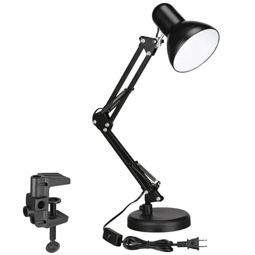 TORCHSTAR Metal Desk Lamp with Clamp, Swing Arm, Architect Adjustable Gooseneck Table Lamp, Clip Desk Lights for Home Office, Work, Study, Reading, E26 Base, Multi-Joint, Black
