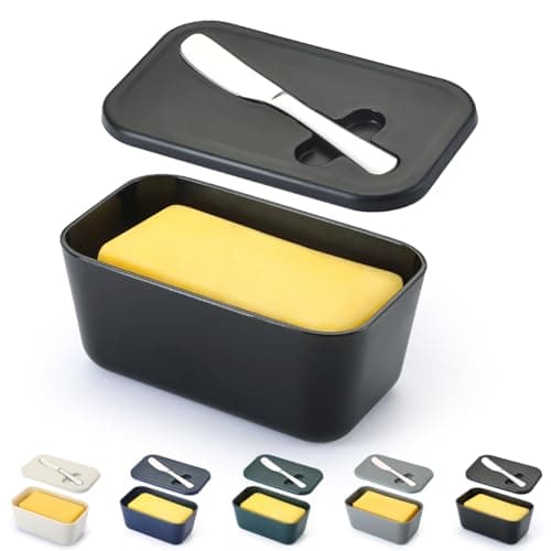Butter Dish With Lid For Countertop And Refrigerator Door Shelf, ReaNea Plastic Butter Holder Tray Container With Butter Knife, Easy Scoop Dishwasher Safe