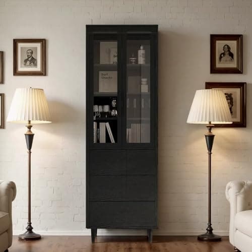 TUSY 70.9“ H Bookshelf with Glass Doors, 5-Tier Display Curio Cabinet with Drawers, Narrow Display Bookcase for Home, Office, Clinic, Pantry (Black, B)