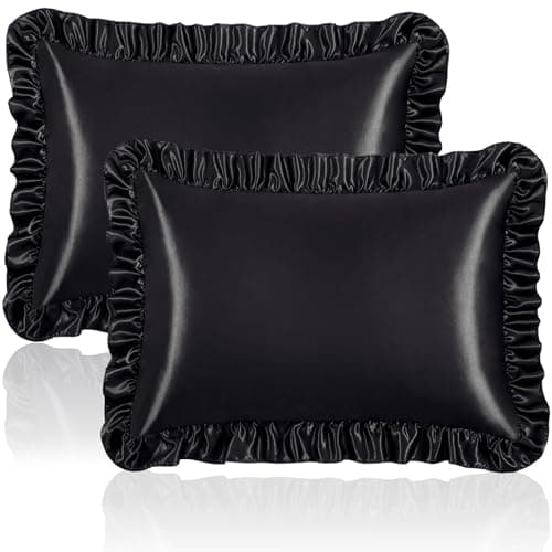 Homiest Ruffle Satin Pillowcase for Hair and Skin, Standard Size Satin Pillow Covers Silky Pillow Cases Set of 2, Satin Ruffled Pillowcase with Envelope Closure, Anti Wrinkle Pillow Shams (Black)