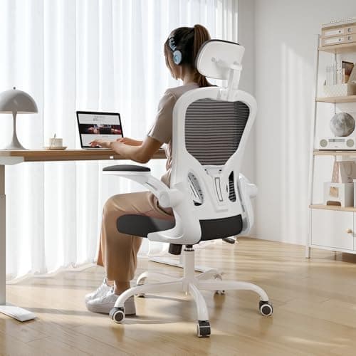 Office Chair Ergonomic Desk Chair, 330LBS Capacity, High Back Computer Chair for Long Hours Comfortable, Rolling Swivel Executive Task Chair for Home Office with Flip-up Armrests(White Black)