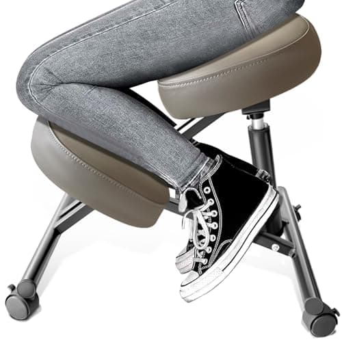 PU Leather Ergonomic Kneeling Chair, Adjustable Home and Office Stool with Thick Pads and Flexible Lockable Brake Wheels for Back Pain Relief (Brown)