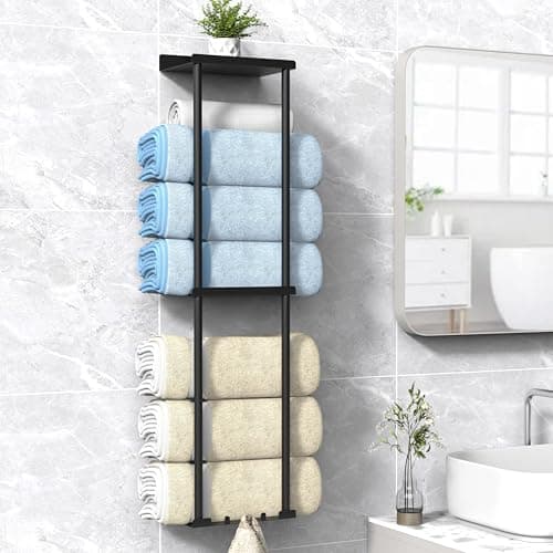 Liuoud Towel Rack for Bathroom, Wall Mounted Vertical Rolled Towel Storage Organizer Holder with Shelf, Holds Up 6 Large Bath Sheets, Black
