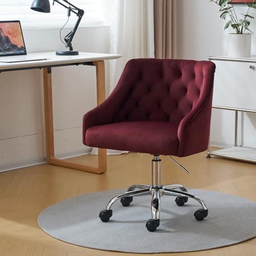 MOJAY Velvet Office Swivel Chair, Vanity Fabric Desk Pretty Fancy Gold Office Chairs for Girls, 360°Swivel Height Adjustable Reception Chair (Burgundy)