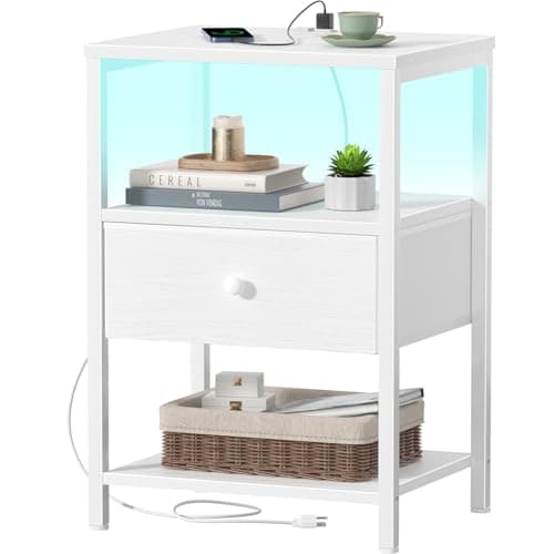 BOLUO White Nightstand with Charging Station, LED Night Stand with Fabric Drawers and Shelf, Bedside Table with USB Ports and Outlets, Bedroom Nightstand Modern