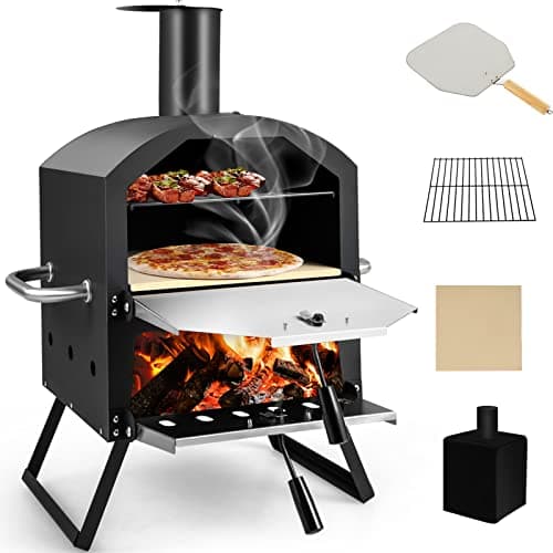 Giantex Outdoor Pizza Oven Wood Fired, 2-Layer Pizza Maker with 12-Inch Pizza Stone, Pizza Peel, Removable Cooking Rack, Waterproof Cover, Folding Legs, Outside Pizza Ovens for Camping Backyard BBQ