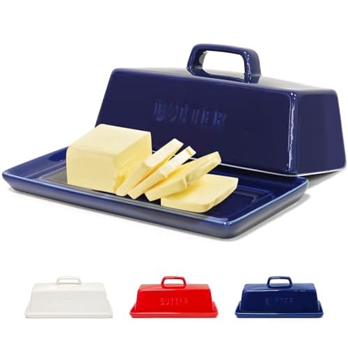 Gute Butter Dish with Lid for Countertop, Covered Ceramic Butter Dish, Butter Tray Storage for 1 Stick of Butter, Butter Keeper Container with Handle for Kitchen, Navy Blue