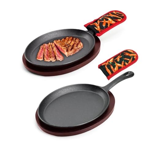 DVK Sizzling Plate with Wooden Base Fajita Skillet with Scald Protection Hot Mitt Cast Iron Plate for Home Barbeque Kitchen Service (2PCS)