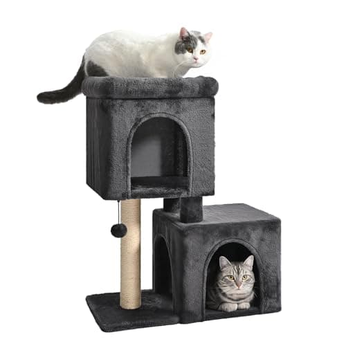 Amazon Basics 30-Inch Cat Tree Tower, Activity Center with 2 Plush Condos, Sisal Scratching Post and Hanging Pompom, Gray