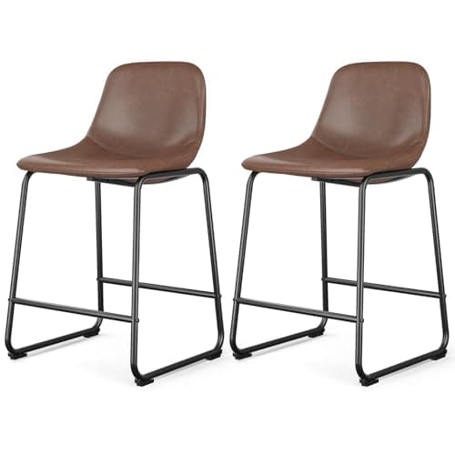 Rfiver Pu Faux Leather Bar Stools Set of 2, Industrial Pub Barstools with Back and Footrest, Modern Armless Bar Height Stool Chairs (Brown, 24" Counter Chair x2)