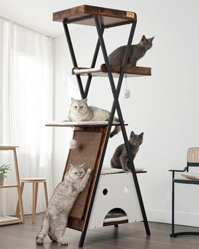 Feliskyn Modern Wood Cat Tree Tower for Indoor Cats Large Adult - 67 Inch Tall Multi-Level Heavy Duty Cat Condo Trees Furniture with Caves Perch Bed Scratching Board - XL Big Sturdy Wooden Kitty House