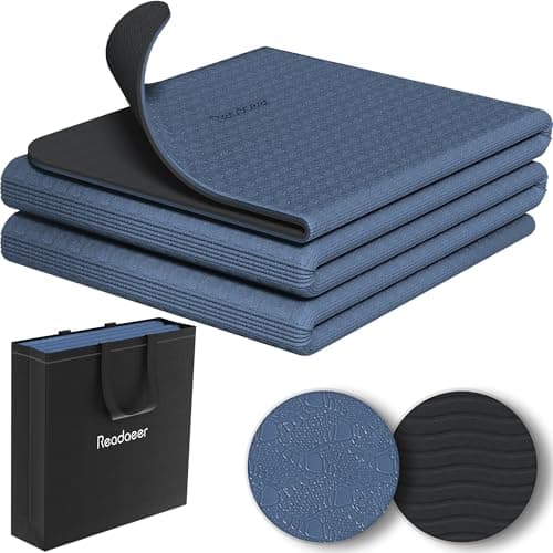 Readaeer Foldable Yoga Mat for Travel Folding Yoga Mat 6mm Thick with Carrying Bag, Non-Slip TPE Exercise Pilates Mat for 72" L x 24" W x 0.24 Inch (Blue)
