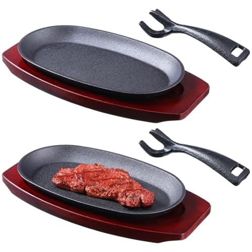 Mifoci 2 Pcs Oval Cast Iron Fajita Skillet Pan Set Small Sizzling Steak Plate with Wooden Base and Handle Cast Iron Fajita Skillet Sizzling Plate for Restaurant BBQ (9.5 in x 5.5 In)