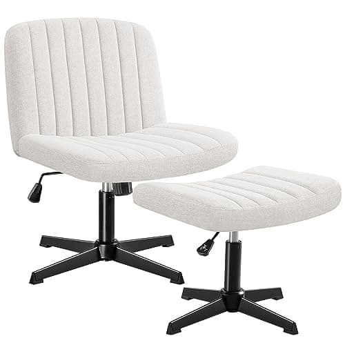 Kemon Armless Desk Chair No Wheels with Ottoman, Cross Legged Fabric Home Office Chairs, Height Adjustable Padded Wide Seat, Modern Swivel Computer Task Chair for Living Room, Beige