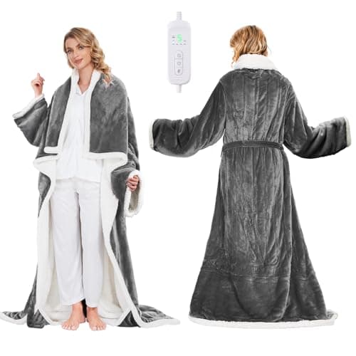 Portable Heated Blanket - Wearable Heated Blanket Throw with Foot Pockets, Sleeves Flannel Sherpa Wearable Blanket 8 Heating Levels & Timer Snuggle Blankets for Home Office - Heated Robe 50*70"