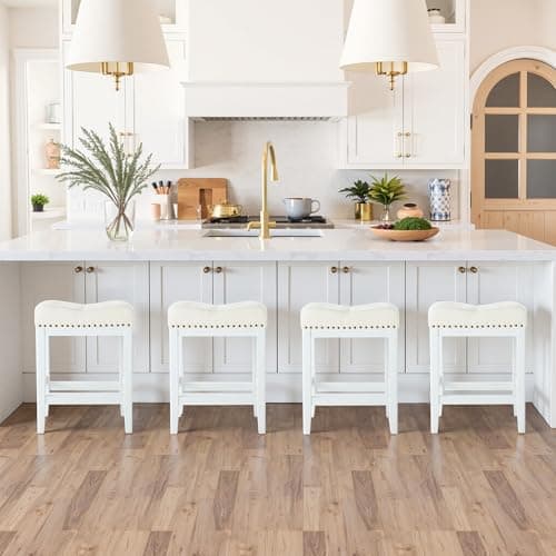 Lasigeli 24 inch Counter Height Bar Stools,Backless Stools Set of 4 for Kitchen Island,Farmhouse Style with Upholstered Fabric and Solid Wood Legs,Small Space Bar Stools,Easy Assembly,White