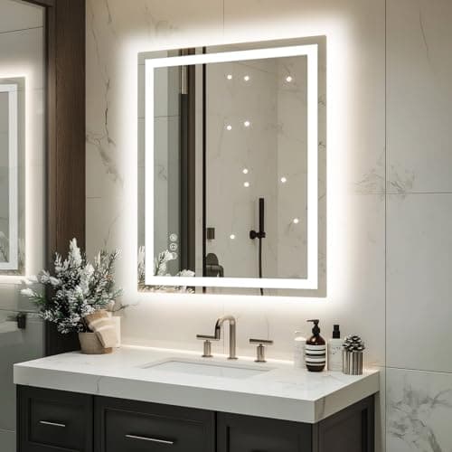miskerm 32"x 24" LED Bathroom Mirror with Lights, Dimmable, Double Lights, Backlit + Front Lit, 3 Colors Led Mirror for Bathroom, Lighted Bathroom Vanity Mirror, Tempered Glass(Horizontal/Vertical)