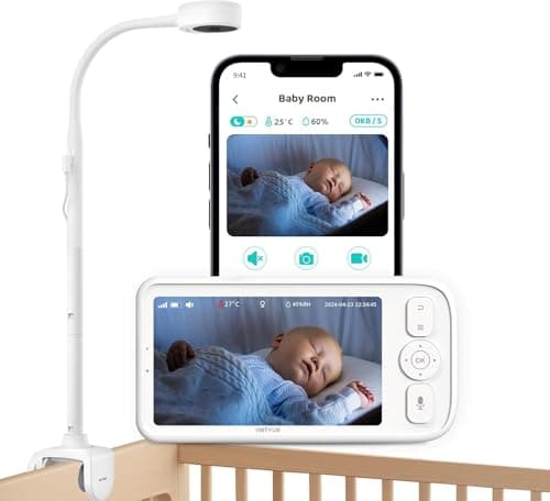 Baby Monitor with Camera and Audio, 5’’ Screen & App, 2.4GHz WiFi Secure Link, Sleep Tracking, Cry Detection, Night Vision, Temp & Humidity Monitor, 2-Way Talk, 5GB Cloud Storage, 4-in-1 Mount