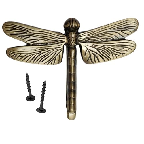 Brass Antique Finish Dragonfly Door Knocker – Unique Decorative Front Door Hardware for Wooden House, Garden, Farmhouse – 6" Wide x 4.5" Long Vintage Home Décor Accessory