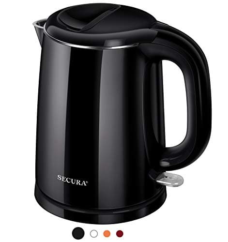 Secura Stainless Steel Double Wall Electric Kettle Water Heater for Tea Coffee w/Auto Shut-Off and Boil-Dry Protection, 1.0L (Black) SWK-1001DB/HB-K012