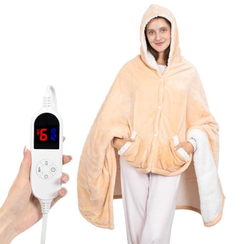 DAILYLIFE Wearable Heated Blanket, 40"x70" Eletric Throw with 6 Heating Levels and 12 Hours Timer, Heated Wrap Poncho Shawl & Hoodies with Pockets, Machine Washable with ETL Certification, Beige