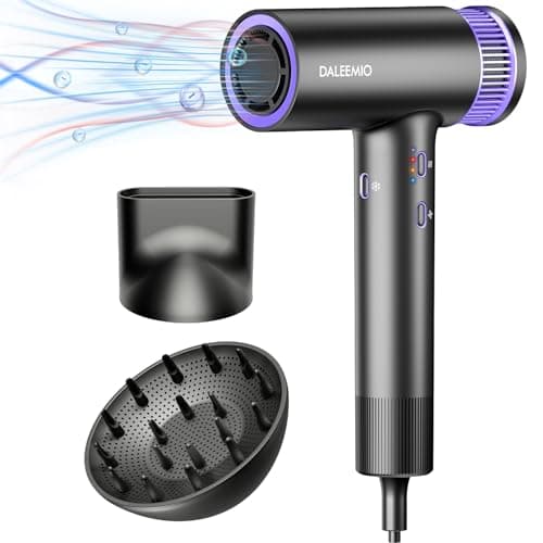 DALEEMIO Hair Dryer, 150000 RPM High Speed Blow Dryer with Upgrade Nano Chip 500 Million Negative Ionic, Thermo-Control with Diffuser & Nozzle, Purple