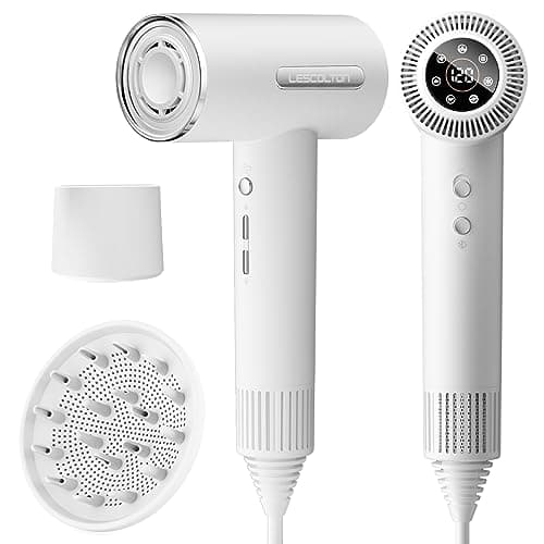 LESCOLTON Hair Dryer, Lightweight Ionic Blow Dryer 110,000 RPM Brushless Motor 1400W Powerful High Speed, Diffuser & LED Display, 3 Air Speeds for Fast Drying, Low Noise for Home Travel (White)