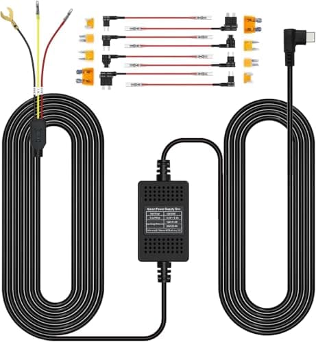 Hardwire Kit for K600 Dash Cam Front and Rear 4k+1080P,12ft Type C,Input12V/24V,Output 5V/2.5A.Dash Cam Hardwire Kit with Add A Circuit Fuses,Supports 24-Hour Parking Monitoring for Car DashCam