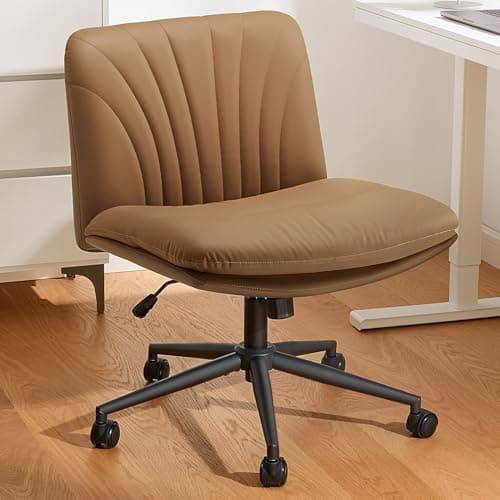 Marsail Armless-Office Desk Chair with Wheels: PU Leather Cross Legged Wide Chair,Comfortable Adjustable Swivel Computer Task Chairs for Home,Office,Make Up,Small Space,Bed Room, Brown