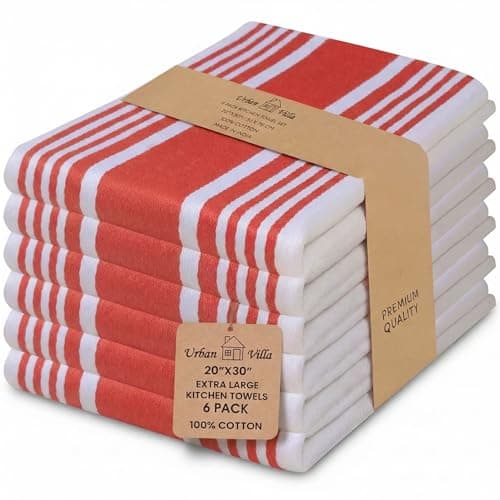 Urban Villa Kitchen Towels 100% Cotton Dish Towels for Kitchen (Set of 6) 20”x30” Dish Cloths Highly Absorbent Kitchen Linen Set with Hanging Loop Perfect for Drying Dishes Cleaning Towels-Red White