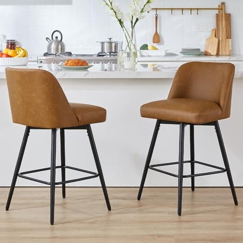 Coolazy 360°Swivel Counter Height Bar Stools Set of 2,Upholstered Morden Kitchen Barstools with High Backs,26" H Seat Height,Faux Leather (Faux Leather-Saddle Brown , 2 Pieces - 26" Counter Height)