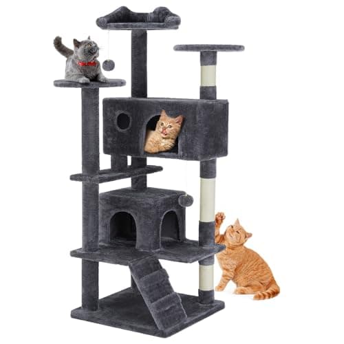 Sweetcrispy 54-Inch Cat Tree Tower – Multi-Level with Sisal Scratching Post, Perfect Pet Gift, Indoor Condo with Climbing Ladder, Plush Toy, and More Animal Stuff, Grey
