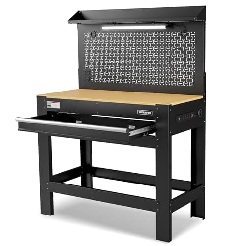 WORKPRO 45" Garage Workbench with Storage, Heavy-Duty Workbench with Pegboard, Power Outlets and Light, 800 LBS Work Bench for Garage, Warehouse, Workshop, Repair Shop