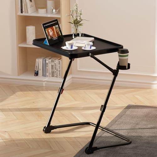 FRESMINT TV Tray Table with Cup Holder Adjustable Folding, TV Dinner Tray for Living Room,Small Space,Office.Portable TV Tray with 4 Height and 3 Angle Adjustments, Black
