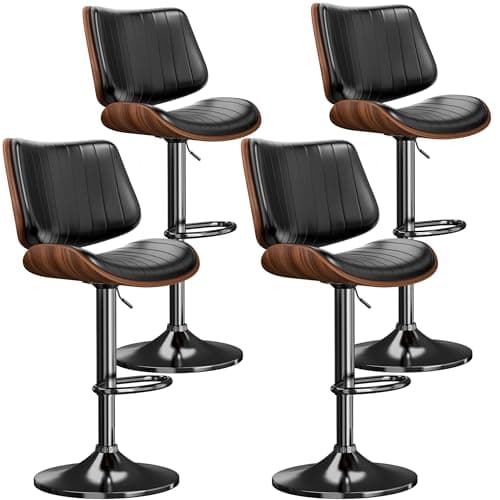 REONEY Swivel Bar Stools Set of 4, Adjustable Bentwood Barstools for Kitchen Counter, Modern PU Leather Upholstered Bar Chair with Back and Footrest, for Kitchen Island, Bar, Dining Room, Black