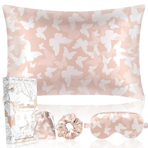 Miss Adola Mulberry Silk Pillow Case for Hair and Skin 19 Momme Standard 26"x20" Butterfly Silk Pillowcase with Eye Mask & Scrunchie Soft Silk Pillowcase Sleeping for Moms, Women